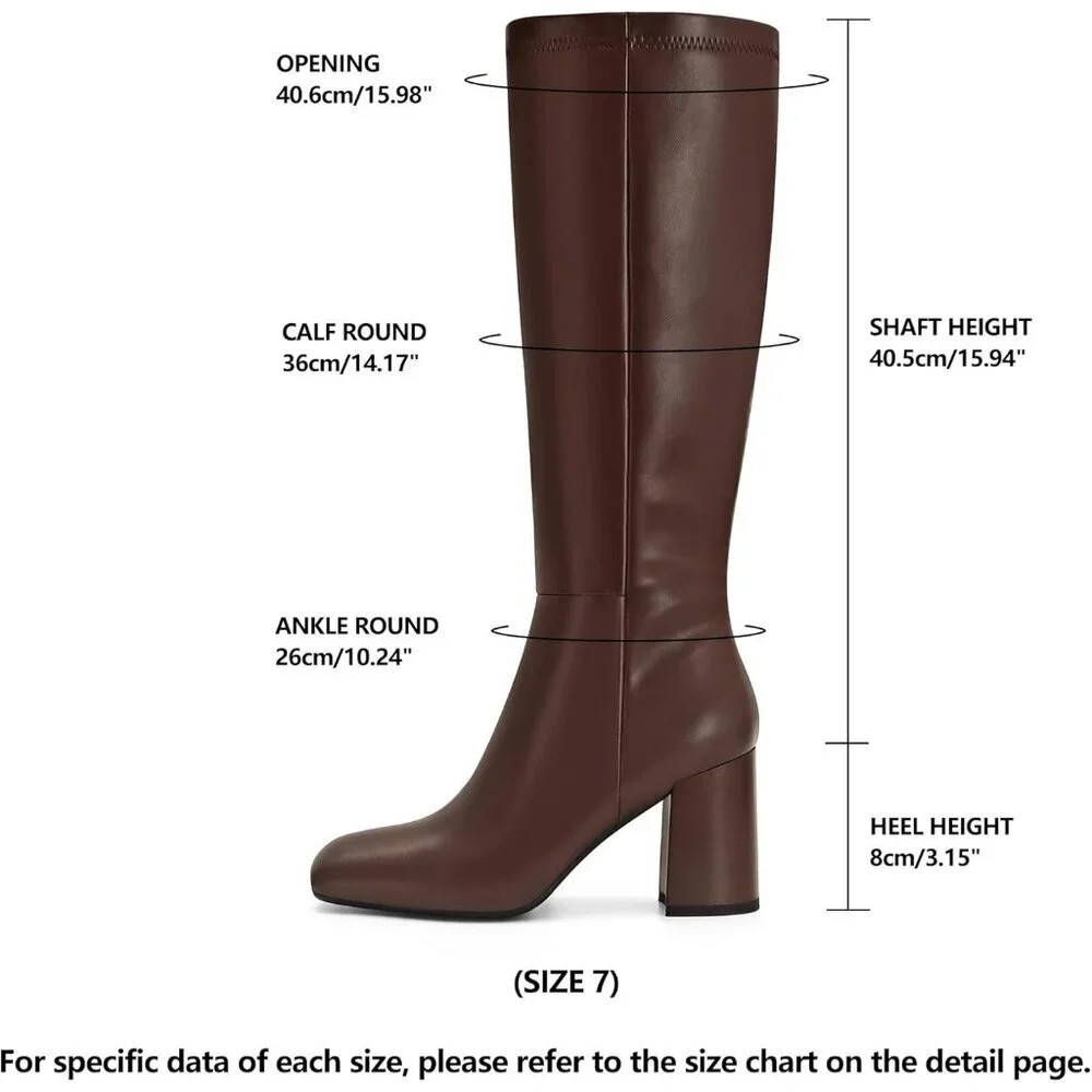 Women's Faux Leather Square Toe Chunky Heel Knee High Boots Side Zip Dark Brown